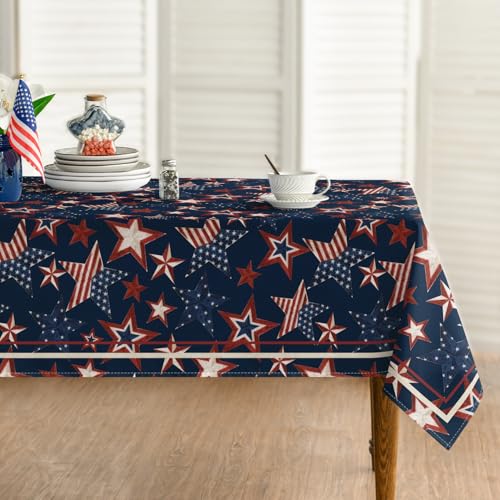 Horaldaily 4th of July Rectangular Tablecloth 60??120 Inch, Patriotic Memorial Day Navy Blue Red Star Independence Day Washable Table Cover for Party Picnic Dinner Decor