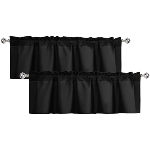 XWZO 2 Pieces Kitchen Valances Curtains for Windows Living Room Bedroom Bathroom Toppers Farmhouse Style Rustic Blackout Thermal Insulated Rod Pocket, W60 x L18 Inch Length, Black, 2 Pieces.
