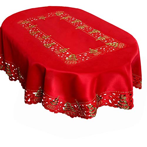 Grelucgo Embroidered Christmas Holiday Holly Tree Tablecloth (52 ?? 70 Inches Oval Tablecloth)