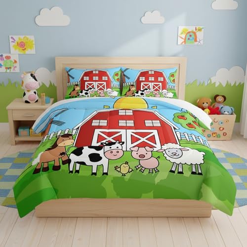 QOOMO Farm Animals Comforter,Farmhouse Comforter Set for Kids Teens Girls Boys,Cartoon Animals 3Pcs Bedding Set Printed Comforter with 2 Pillowcases,Down Alternative,Soft and Lightweight,Twin Size