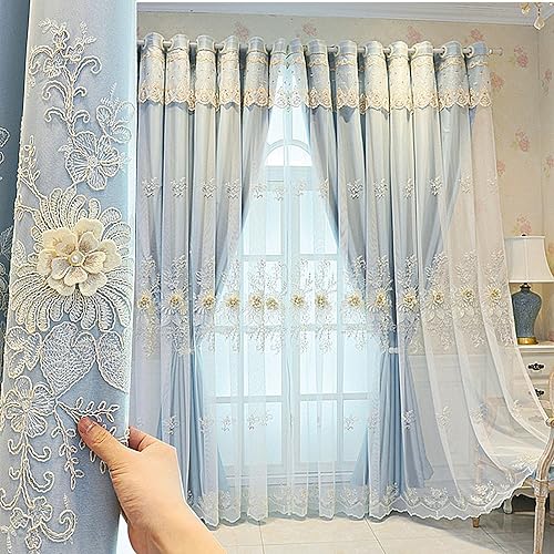 Amidoudou 1 Pair Luxury European Curtains with Valance for Living Room Bedroom Double Layer Embroidered Room Darkening Curtains (Blue,51x96 Inch)