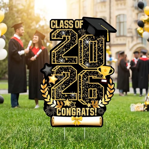 Aneco 45 Inch Graduation Decorations Yard Signs Class of 2026 Outdoor Lawn Yard Signs with Stakes Congrats Grad Lawn Decor High School College Graduation Party Decorations Supplies, Black and Gold