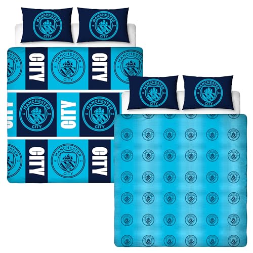 Manchester City FC Official Double Duvet Cover Set - Flashy Design - Blue Reversible 2 Sided Football Bedding Cover Official Merchandise Including Matching Pillow Cases - Polycotton