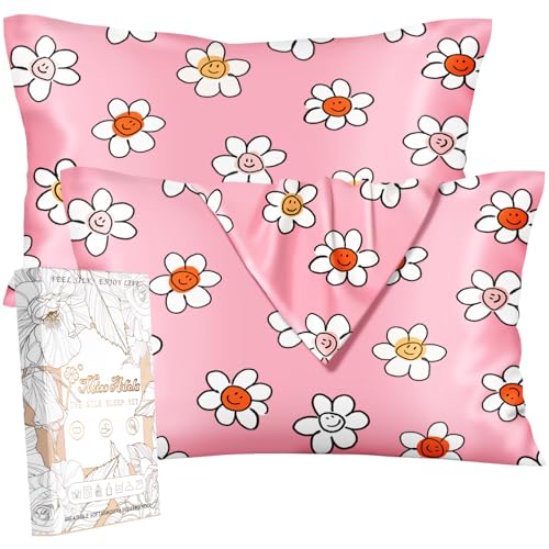 Miss Adola 2 Pack Mulberry Silk Pillowcase for Hair and Skin - Standard Size 20 x 26 Inches with Hidden Zipper PK Laugh Flower 19 Momme Soft Sleeping Silk Pillow Case for Women, Moms