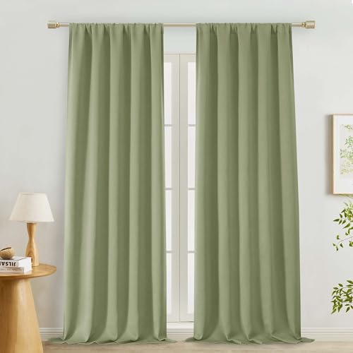 "Lecloud Sage Green Room Darkening Curtains for Living Room 96 Inches Long 2 Panels, Rod Pocket Thermal Insulated Black Out Curtain Drapes, Privacy Curtains for Bedroom, 50"" W x 96"" L"