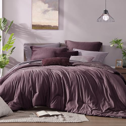 Monbix Full Size Comforter Set 7 Pieces Italian Plum Bed in a Bag - Cationic Dyeing Reversible All Season Bedding Sets with Comforter, Sheets, Pillowcases & Shams
