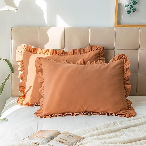 GLORY SEASON Pillow Shams Set of 2 Washed 100% Cotton Retro Ruffle Flounces Trim Solid Beige Decorative Pillow Cases for Home Bedroom Decor 20x26 Inch
