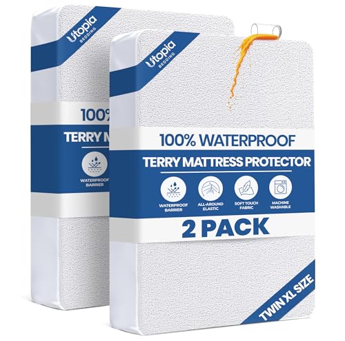 Utopia Bedding Waterproof Mattress Protector Twin XL Size 2 Pack, 200 GSM Breathable Terry Mattress Cover, Fitted Style with Stretchable Pockets (White)