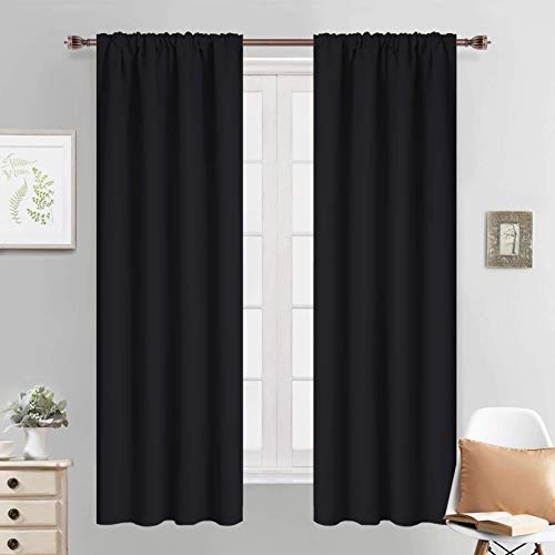 Yakamok Room Darkening Drapes Blackout Curtains Thermal Insulated Rod Pocket Curtain Panels for Bedroom, 38W x 63L, Black, 2 Panels