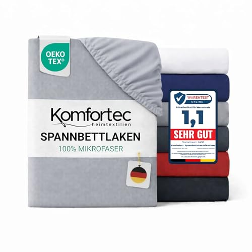 Komfortec Microfibre Fitted Sheet 200 x 200 cm Soft Fitted Sheet with Elasticated Edging for Mattresses up to 30 cm Grey Oeko-Tex Easy Care & Skin-Friendly 90 g/m²