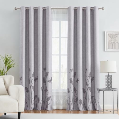 "Melodieux Wheat Embroidery Linen Textured Curtains for Living Room Bedroom, Farmhouse Floral Patterned Room Darkening Grommet Window Drapes, Gray Wheat/Grayish White, 52"" W x 84"" L, 2 Panels"