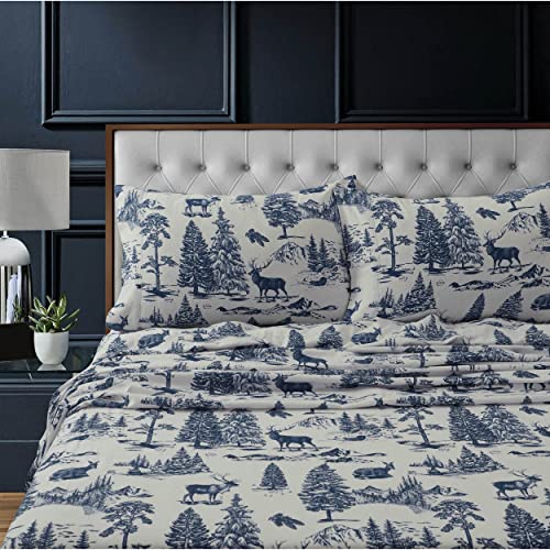 Tribeca Living MTOILSHEETQUNB Deep Pocket Bedding Sheet Set, Queen, Deer Toile Navy