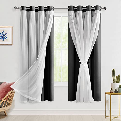 Hiasan Black Blackout Curtains with Sheer Overlay, Grommet Thermal Insulated Privacy Mix and Match Double Layer Window Curtains for Girls Bedroom, Living Room, 2 Drape Panels with Tiebacks, 52W X 63L