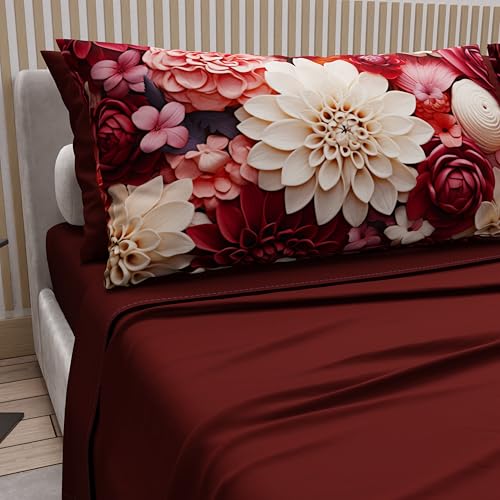 PETTI Artigiani Italiani - Cotton Sheets with Pillowcases in Digital Print, Double Bed Sheet, Floral 24 Bordeaux, 100% Made in Italy
