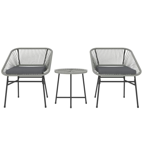 Outsunny 3 Pieces Rattan Bistro Set, Wicker Small Garden Table and Chairs Set with Cushions and Glass Top Coffee Table, Bistro Garden Furniture Set for Outdoor, Patio, Balcony, Light Grey