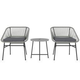Outsunny 3 Pieces Rattan Bistro Set, Wicker Small Garden Table and Chairs Set with Cushions and Glass Top Coffee Table, Bistro Garden Furniture Set for Outdoor, Patio, Balcony, Light Grey