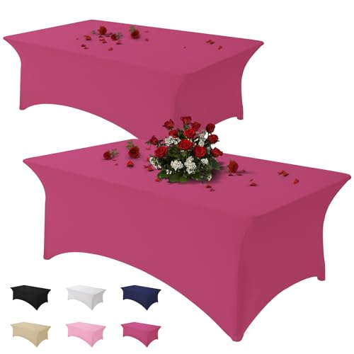 Famstar Table Cloth 2 Pack Fuchsia 8FT Spandex Tablecloth for Rectangle Fitted Table Cloths Stretch Covers Washable Wrinkle Free Tablecloths for Festival Camping Picnic Wedding Party (244Lx76Wx76H)cm