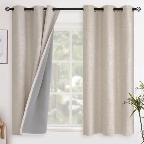YoungsTex Oatmeal Linen Blackout Curtains 48 Inch Length for Bedroom, Room Darkening Short Window Drapes for Kitchen Farmhouse Thermal Insulated Blinds, 2 Panels, 42 X 48 Inch
