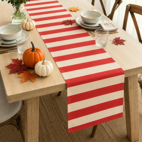 Folkulture Table Runner 72 Inches Long - Horizontal Striped Home Decor - 100% Cotton Long Table Runner for Christmas Decor - Red & White - Wash Friendly