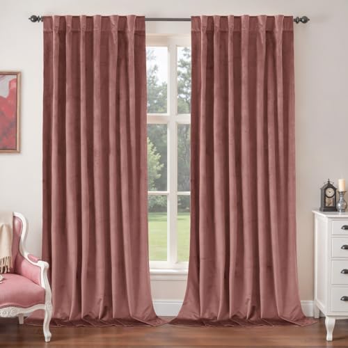 BGment Dusty Rose Pink Velvet Curtains 96 Inch for Bedroom, Thick Thermal Insulated Room Darkening Curtains Noise Reduce Back Tab and Rod Pocket Window Panels for Living Room, 2 Panels, 52 x 96 Inch