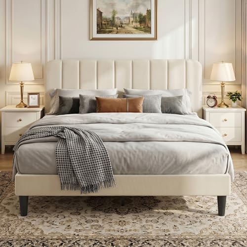 VECELO Upholstered Double Bed Frame with Velvet Headboard, 135 × 190 cm Platform Bed with Wooden Slats Support, Noise Free, No Box Spring Needed, Easy Assembly, Beige
