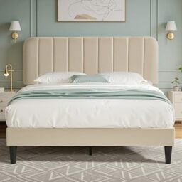 VECELO Upholstered Double Bed Frame with Velvet Headboard, 135 × 190 cm Platform Bed with Wooden Slats Support, Noise Free, No Box Spring Needed, Easy Assembly, Beige