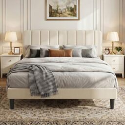 VECELO Upholstered Double Bed Frame with Velvet Headboard, 135 × 190 cm Platform Bed with Wooden Slats Support, Noise Free, No Box Spring Needed, Easy Assembly, Beige