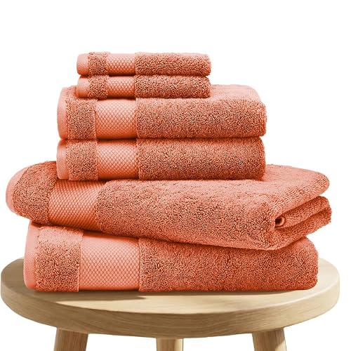 BIOWEAVES 100% Organic Cotton 6-Piece Luxury Bathroom Towels Set GOTS Certified 700 GSM, 2 Bath Towels, 2 Hand Towels & 2 Wash Cloths - Burnt Orange