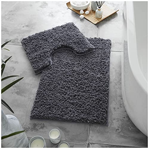 GC GAVENO CAVAILIA Luxury Super Soft 2 Piece Zero Twist Bath Mat Pedestal Set Non Slip, Extra Absorbent 100% Polyester Bathroom Toilet Rug, Regular (50x80, 50x40 cm), Charcoal