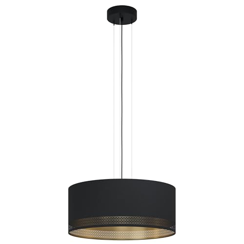 Eglo Pendant Lighting Esteperra, 3 Bulbs Vintage Ceiling Light Fitting Made of Steel and Fabric in Black and Gold, Retro Hanging lamp for Dining and Living Room, E27 Socket, Ø 20.9 inches