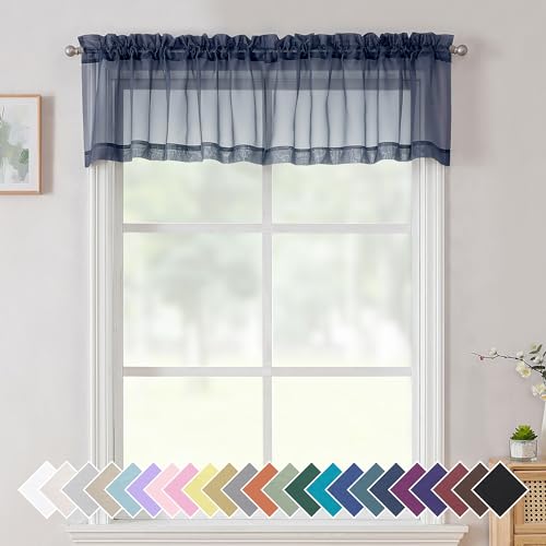 Aiyufeng Set of 2 Navy Blue Semi-Transparent Valances 14 Inches Long for Small Kitchen Windows, Double Rod Pocket (Navy Blue, 40 x 14 Inches)