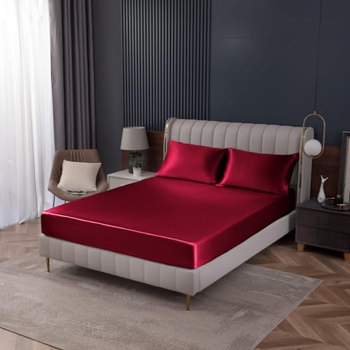 Homiest Burgundy Satin Fitted Sheet, King Deep Pocket Only - Lustrous Polyester, Protects Hair And Reduces Wrinkles, Fade Resistant, Fully Elasticized For Secure Fit, Machine Washable