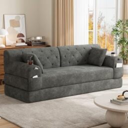 Ball & Cast Folding Sofa Bed 208cm King Size, Convertible Modular Sofa, Corduroy Boneless Couch with Metal Frame, 3 Seater Floor Futon Mattress, Non Slip Base, Washable Cover,Black