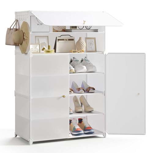 Mondeer Shoe Storage Cabinet, 6-Tier for 18 Pairs of Shoes, Oversized Plastic Shoe Rack with Doors, Removable Shelf and Hooks, for Hallway Entryway Closet, White