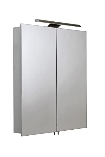 Croydex Sudbury Bathroom Mirror Cabinet with LED Lighting Bar and Hang N Lock Fitting System, Double Mirror Doors with Aluminium Carcass and Integrated Shaver Socket, Silver (70 x 60 x 12 cm)
