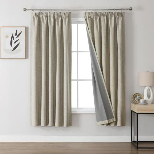 Joydeco 100% Blackout Curtains, Linen Curtains with Ruffle Tape, Set of 2, H 183 x W 117 cm, Linen, Thermal Curtain, Cold Protection, Opaque, Sound Protection, Ideal for Living Room, Fits Rail Systems