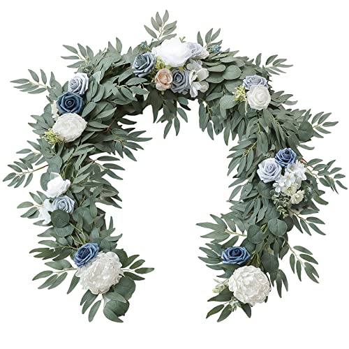 Floroom 6ft Artificial Eucalyptus Garland with Flowers Fake Greenery Faux Floral Vine Garland for Table Decor Wedding Centerpieces Bridal Shower Party Decorations, Dusty Blue