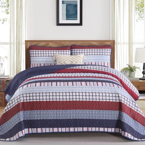 "DJY California King Striped Quilt Set, Red Blue Boho Striped Bedspread Coverlet Set 3 Pieces Lightweight Soft Microfiber Patchwork Quilt Bedding Set for All Season (96""x106"")"
