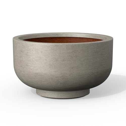 Kante 13.8 Inch Dia Concrete Bowl Planter, Large Tapered Bottom Plant Pot with Drainage, Smooth Weathered Concrete Finish with Warm Brown Interior, Ideal for Porch, Home, Garden, Patio
