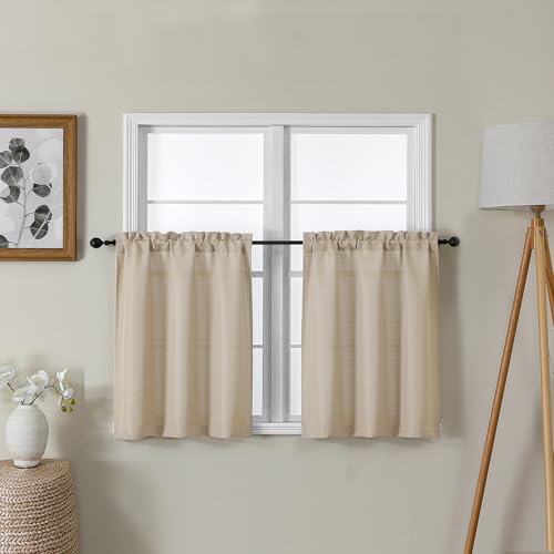 Lecloud Bessie Kitchen Curtains 24 Inch Length 2 Panels, Faux Linen Textured Curtains for Small Windows, Burlap Window Short Curtain Tiers with Dual Rod Pocket, Each 30 W x 24 L, Linen