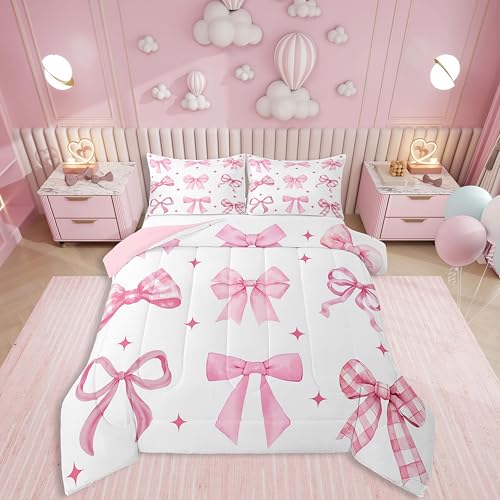 Erosebridal Lovely Bowknot Comforter Set Twin,Galaxy Stars Bedding for Bow Lover,Plaid Bows Down Comforter,Aesthetic Coquette Duvet Insert