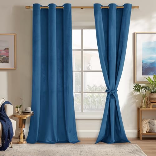JIUZHEN Blue Velvet Curtains 84 inches Blackout Curtains for Living Room - Privacy Protect Room Darkening Grommet Thick Velvet Window Drapes for Bedroom, Set of 2 with Tiebacks, 42W x 84L