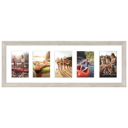 Americanflat 6x4 Collage Photo Frame - Fits 5 - Engineered Wood - Driftwood - Overall frame size 8x24, shatter-resistant glass, hangs vertical or horizontal, sawtooth hangers included
