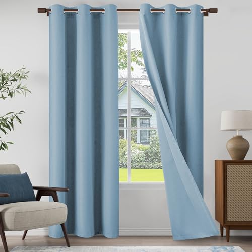 "OYRING Light Blue 100% Blackout Linen Textured Curtains 84 Inch Length 2 Panels Set for Living Room, Bedroom, Light Weight Curtains with Grommets Top, Light Blue, 37"" W x 84"" L"