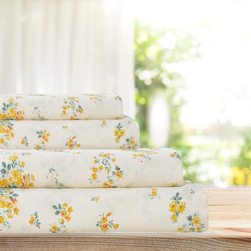La Sheer 100% Cotton Percale Sheets for King Size Bed - 14 Inches Deep Pocket Perfect Fitting - Crispy Cool & Comfortable - Yellow Floral (4 Piece Bed Sheets)