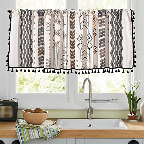 RYNGHIPY Boho Window Valance Cotton Linen Curtain Tiers Farmhouse Window Curtain Topper for Kitchen Living Room Bedroom 55 x 18 Inches Length