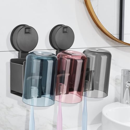 Euqvunn Toothbrush Holder Wall Mounted with Suction Cup, No Drill Aluminium Alloy Toothbrush Stand, 3 Slots & 3 Compartments for Electric Toothbrush, Toothpaste & Razor, Includes 3 Cups, Black