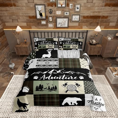 Castle Fairy Rustic Farmhouse Comforter Set Queen Size,Bear Deer Wolf Wild Animals Patchwork Bedding Set for Women Adult,Cabin Decor Exotic Aztec Boho Luxury Bed Duvet Insert, 2 Pillowcases