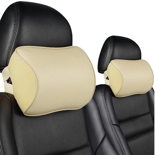 Aukee Car Neck Pillow Soft Memory Foam Leather Headrest for Driving Home Office Beige (Pack of 2)