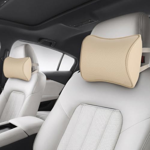 Aukee Car Neck Pillow Soft Memory Foam Leather Headrest for Driving Home Office Beige (Pack of 2)